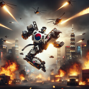 South Korea as a transformer character, Taekwondo armor, nationa...