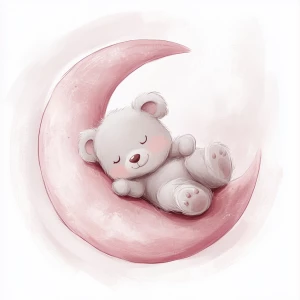 A cute, cartoon teddybear lies on a stylized, rosy-pink crescent moon. The teaddy bear is light gray with large, round, pink-spotted ears.  Its body is round and he has expressive eyes.  its facial expression is happy and friendly. The teddy bears leg and foot are visible, and its posture is relaxed, slumped in the curve of the moon. it's stomach is lying down on the moon with left arm and leg showing hanging down. The moon is a soft, shaded pink, with watercolor-like texture and subtle shading. The background is white. The image is in a child-friendly style, showcasing delicate line work and color palettes. The composition is centered on the teddy bear which is positioned on the moon, giving the moon a hug with closed eyes. The overall style is sweet, whimsical, and reminiscent of children's book illustrations.  The colors are pastel and soothing, creating a gentle atmosphere.