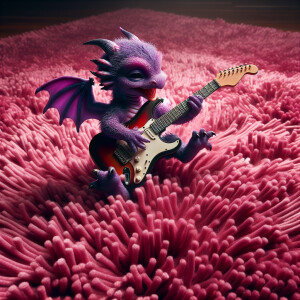 A purple baby dragon playing the electric guitar on a pink shag...