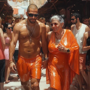 realism art style,a muscular beefy sweaty man walking  with his...