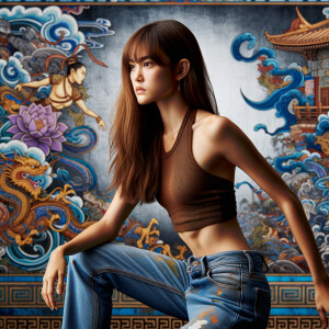 Very thin Athletic Thin skinny Attractive, Asian teenage girl, long brown hair and bangs, wearing tight skinny jeans and a halter top paint marks on her clothing, sitting side view heroic pose Asian graffiti