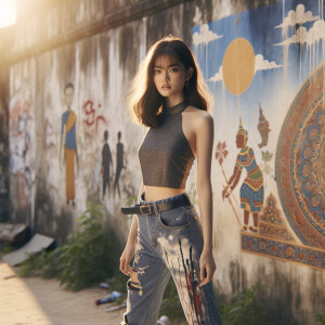 Athletic Thin skinny Attractive, Asian teenage girl, long brown hair and bangs, wearing tight skinny jeans and a halter top paint marks on her clothing, heroic pose Asian graffiti background, backside view