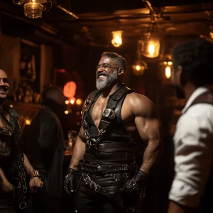 Design a sophisticated, dimly illuminated leather-adorned bar sc...