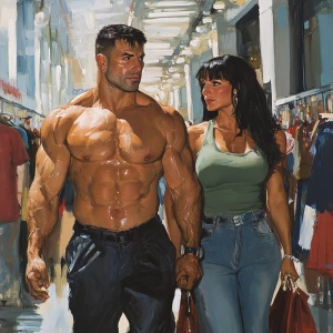 Realism art,A muscular man, glistening with sweat, walks with hi...