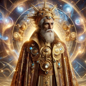 Intricately dressed in shimmering golden robes that seem to emit...