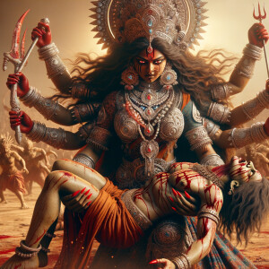 portrait of intense looking, muscular beautiful goddess durga carrying a short weak mahishasur and stabbing him with her red fingernails. She is wearing diamond saree, diamond armor, a huge diamond crown, abundant diamond jewelry. The scene is set in a dry landscape.  blood everywhere. The image is 8K resolution, cinematic, ultra detailed face and epic.