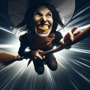 a direct dynamic macro view of a witch speeding through the air...