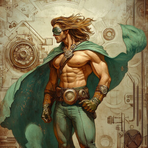 illustration, future, muscles, cape,  hero, steampunk, long hair...
