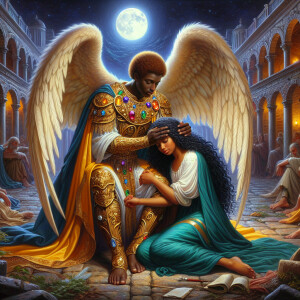 Create an oil painting image featuring a male angel and a grievi...