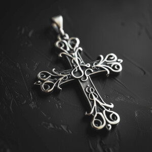 Sterling silver cross pendant featuring intricate design with in...