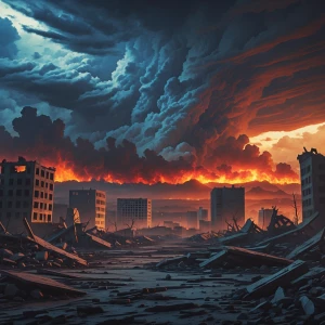 A vivid and dramatic landscape depicting an apocalypse, featurin...