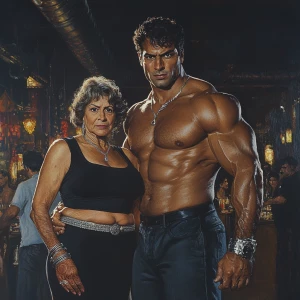 Photorealism,realism,a bodybuilder man ,walking with his 50 year...
