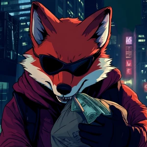 Create an image of a cartoon-style anthropomorphic red fox with...