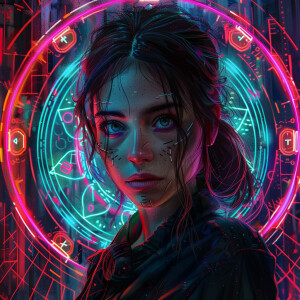 A straight-on, eye-level Cyberpunk digital portrait of a woman,...