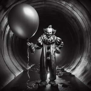 greyscale macabre inspired by pennywise from the movie IT, holdi...