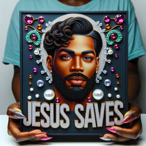 A 3D realistic artwork featuring the phrase 'Jesus Saves' adorne...