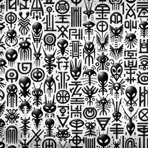 Alien symbols written in graphite, on a white background, strang...