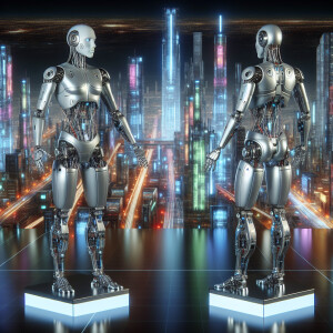 Twin robots from Atomic Heart, silver bodies, long braids, futur...