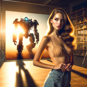 A giant robot looking very mean and standing over a young lady in a swimsuit.