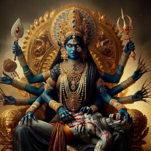 portrait of angry looking, four-armed indian goddess blue skinned sitting on a gold crown and carrying a weak mahishasur on her lap and poking his abdomen with her amazingly long red fingernails . She is wearing diamond armor, a huge diamond crown, black saree, abundant  diamond jewelry, covered in blood. The scene is set in ancient India. The image is 8K resolution, cinematic, photography, ultra detailed face and epic.