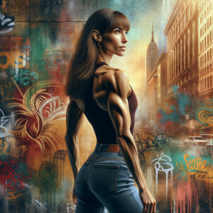 Athletic Thin skinny Attractive, Asian teenage girl, long brown hair and bangs, wearing tight skinny jeans and a halter top paint marks on her clothing, heroic pose Asian graffiti background, backside view