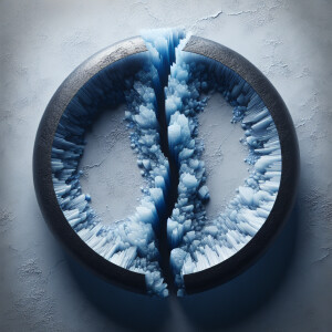 a wide flat black metal ring with one jagged crack, blue ice cry...