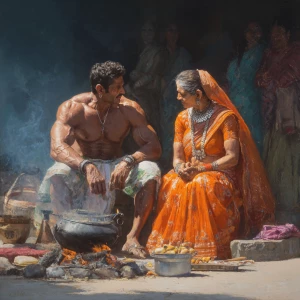Hyperrealistic painting.a beefy muscular sweaty criminal gujarat...