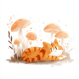 Orange cat stretching lazily under mushroom, kawaii style, soft...