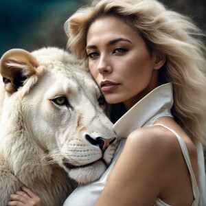 A tranquil woman in a gentle embrace with a majestic white lion,...