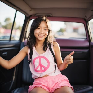 f a cheerful 13-year-old girl with shorts, light black hair Japa...
