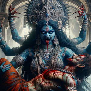 photography of angry looking, gorgeous goddess kali, blue skinned carrying a weak mahishasur in her two arms and stabbing him with her amazingly long red fingernails. She is wearing a huge silver crown, red saree, abundant silver jewelry, covered in blood. The scene is set in ancient India. The image is 8K resolution, cinematic, ultra detailed face and epic.