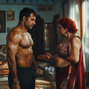 Realistic art 1:1,A muscular sweaty man talking to his 54 year o...