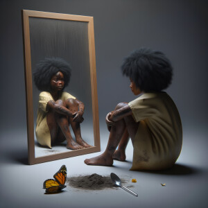 Create a 3-D realistic, adult african-American, female 
Did curly black hair, dark skin, looking at herself in a mirror, but the child that she sees in the reflection is dirty and crying and has scars, and there is a fallen butterfly