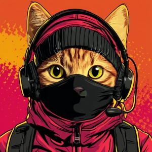 A wide-eyed ginger cat wearing a black tactical balaclava (or ma...