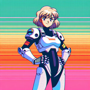 1990s anime screencap, girl a plugsuit, standing with hands on h...