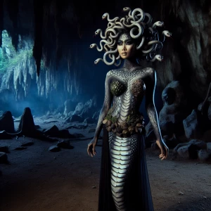 Hollywood make-up, a woman  painted to look like Medusa, full-bo...