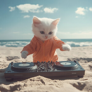 A white kitten in a jumpsuit acting as a DJ with turntables on a...