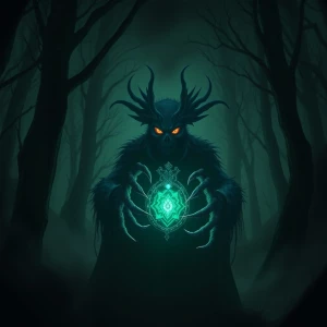 "In the heart of a shadowed forest, an ominous entity looms, its...
