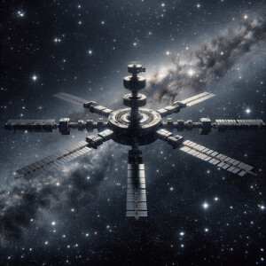 Giant space station realism black background , starry space with...