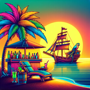 I want an image of a typical beach drawn with neon linemart on b...