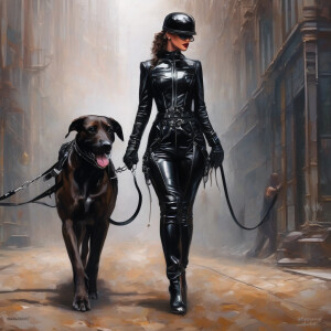 A BDSM mistress in fetish gear walking her gimp on a leash