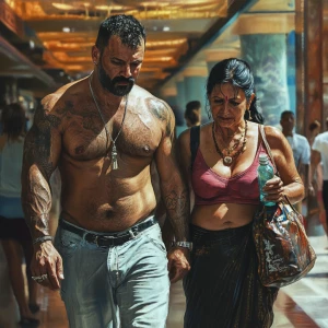 photorealism,fantasy,A sweaty tattoed muscular man walking with...