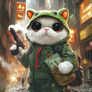 A white fluffy cat wearing a green frog costume with a hood feat...