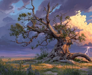 A cinematic digital painting of a lone, ancient gnarled oak, the...