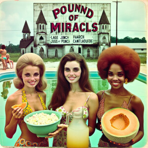 Create a color film photograph from 1971 of three beautiful, 26-...