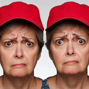 A very confused concerned fat middle aged woman with a red baseb...