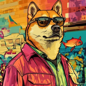 MEME DOGE in GTA art style — With fish — in the style of a Grand...