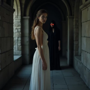 A dimly lit gothic cathedral hallway with intricate stone and we...