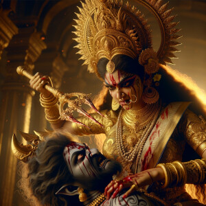 portrait of angry looking goddess durga sitting on a gold crown and carrying a weak mahishasur on her lap and stabbing him with her amazingly designed trident. She is wearing gold armor, a huge gold crown, gold saree, abundant  gold jewelry, covered in blood. The scene is set in ancient India. The image is 8K resolution, cinematic, ultra detailed face and epic.