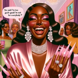 African American Baddie in a satin pink wrap dress, bling earrin...
